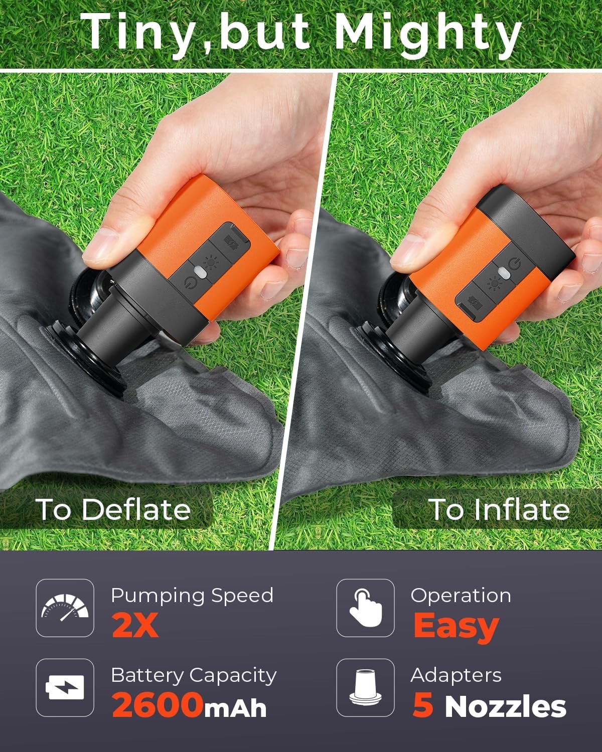 Tiny but Mighty electric air pump showing inflate and deflate options with 2600mAh battery and 5 nozzles