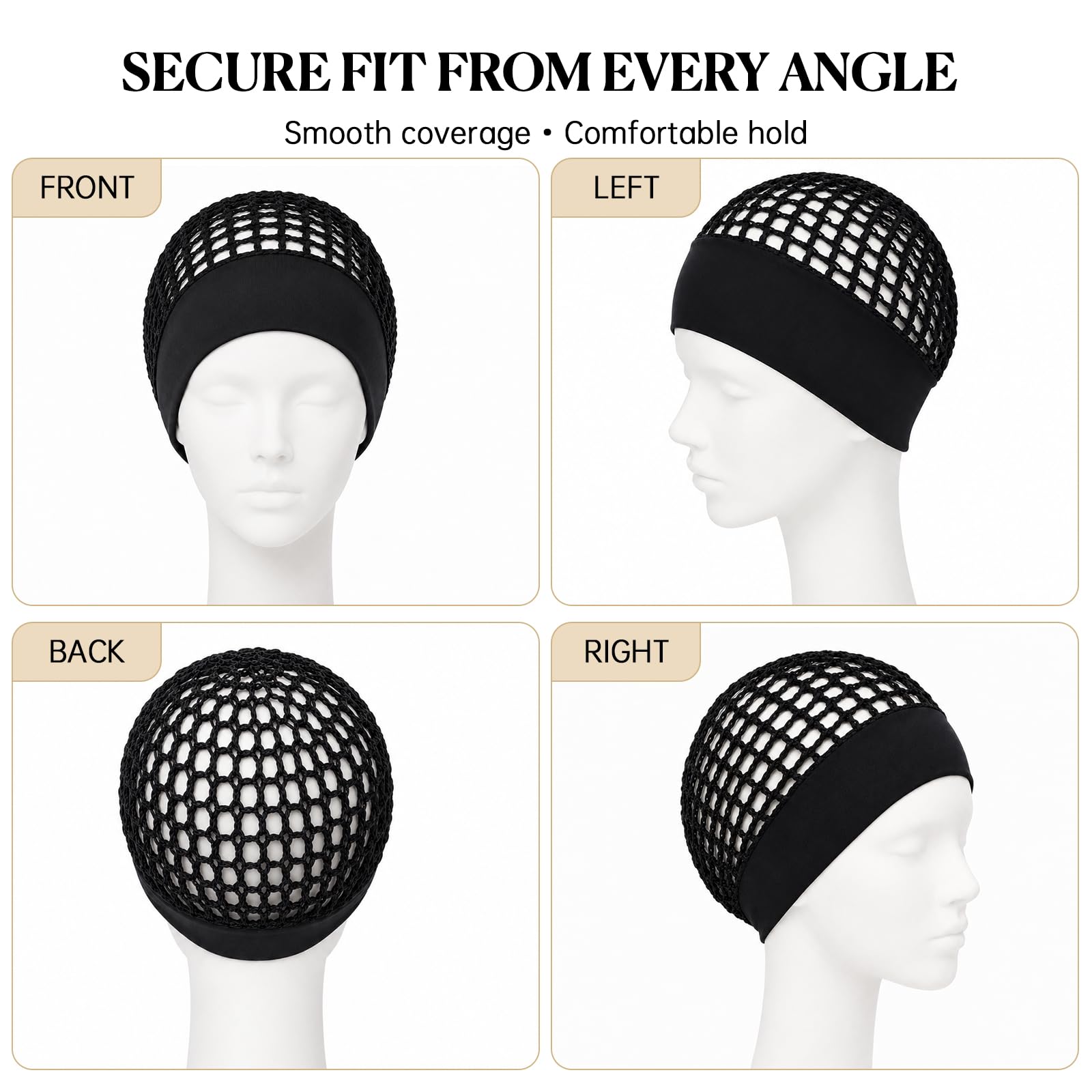 Front, left, back, and right views of a black wide-band crochet hair net on a display head