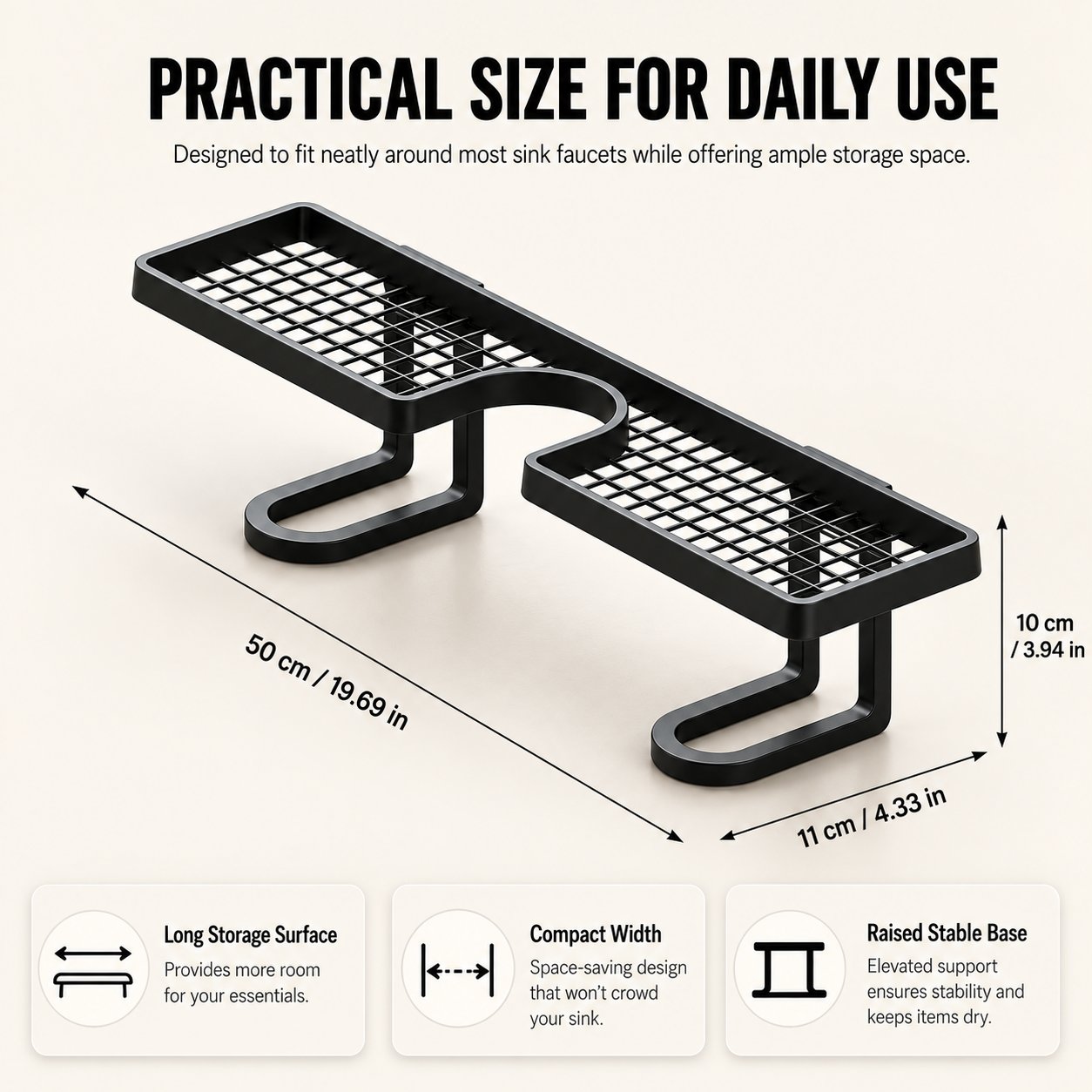 Sink organizer dimensions measuring 50 cm long, 11 cm wide and 10 cm high