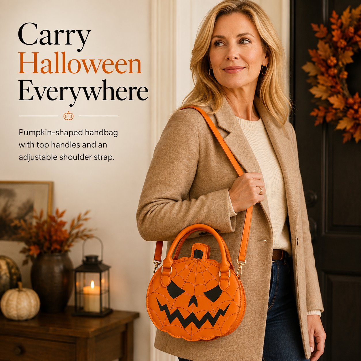 Orange pumpkin-shaped Halloween handbag worn with an adjustable shoulder strap