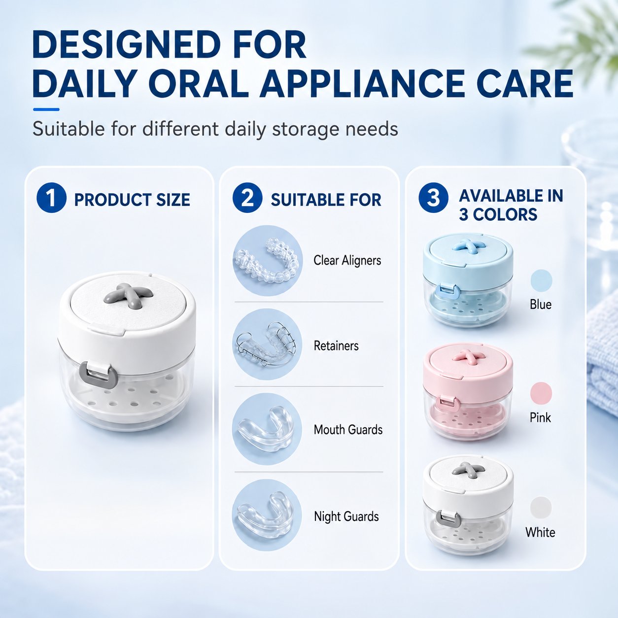Retainer cleaning case suitable for clear aligners, retainers, mouth guards and night guards in three colors