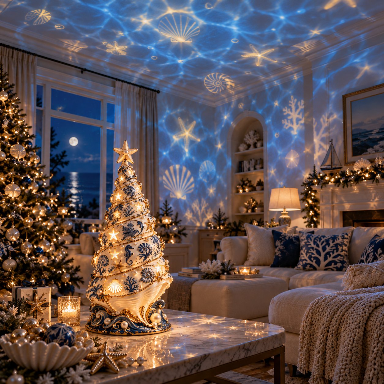 Coastal Christmas Seashell Tree Projection Lamp illuminating a Christmas living room with ocean-inspired projections