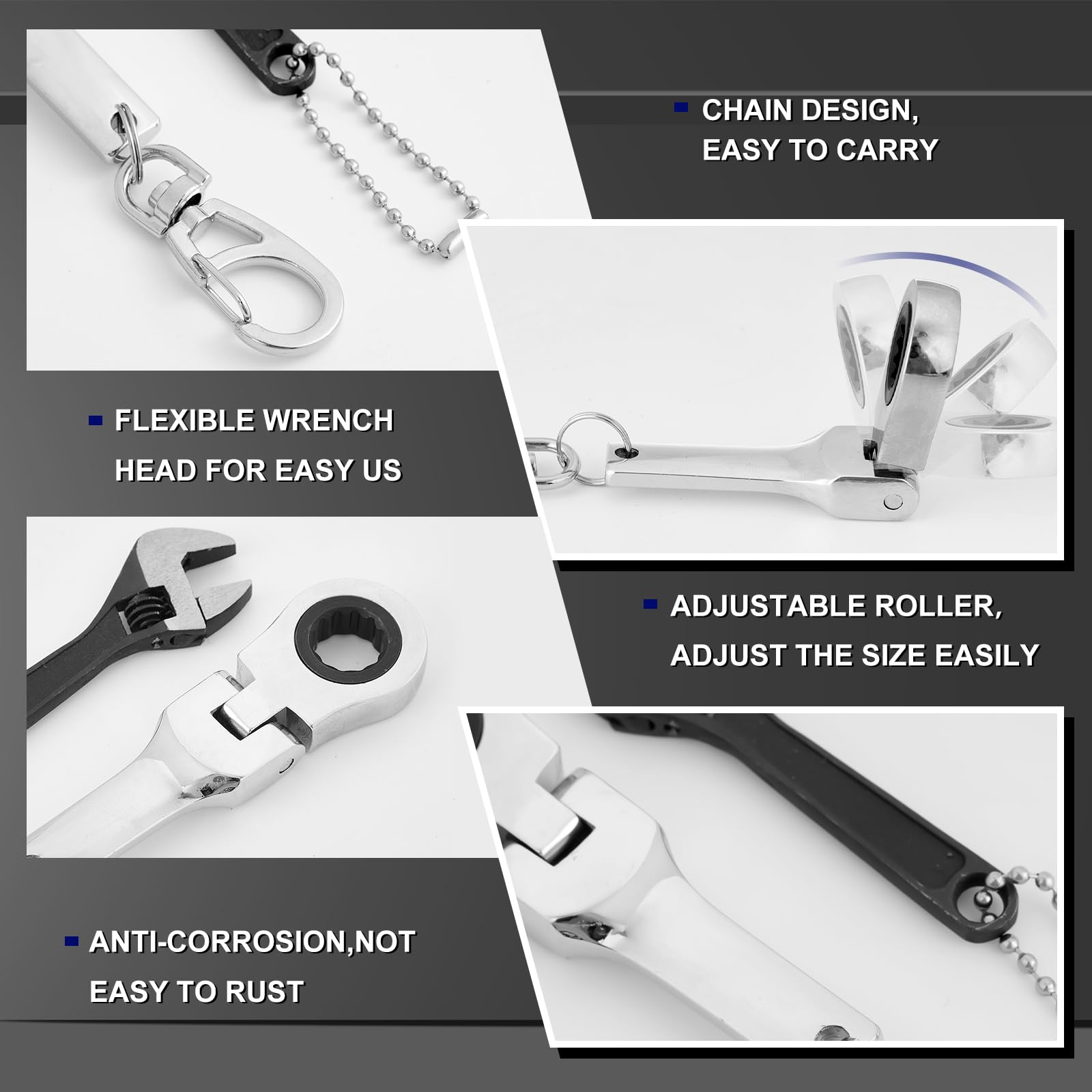 Detail highlights of flexible wrench head and adjustable roller