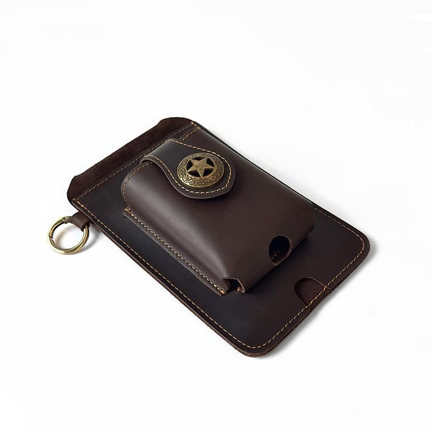 Vintage Cowhide Belt Waist Bag for Men - Multifunctional Phone & Card Holder with Keychain Genuine leather Belt Bag hiking waist bag Leather phone case with belt loops cell phone holster Keychain Holder bag  for Outdoor Hiking Travel bag hip