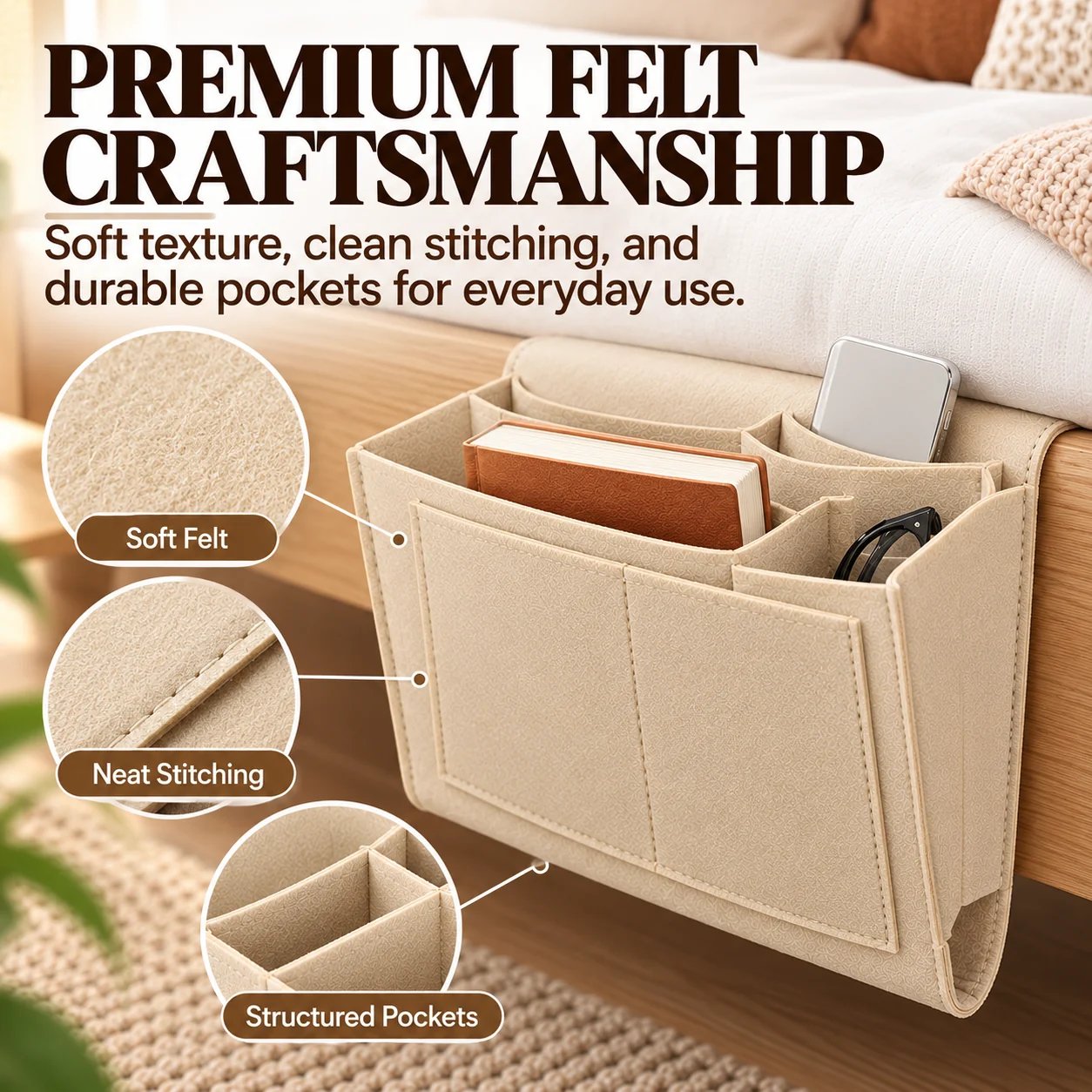 Bedside organizer stitching and storage pocket details