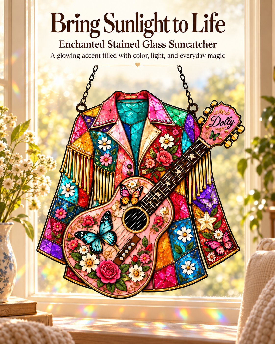 Colorful stained glass coat and guitar suncatcher hanging in a sunny window