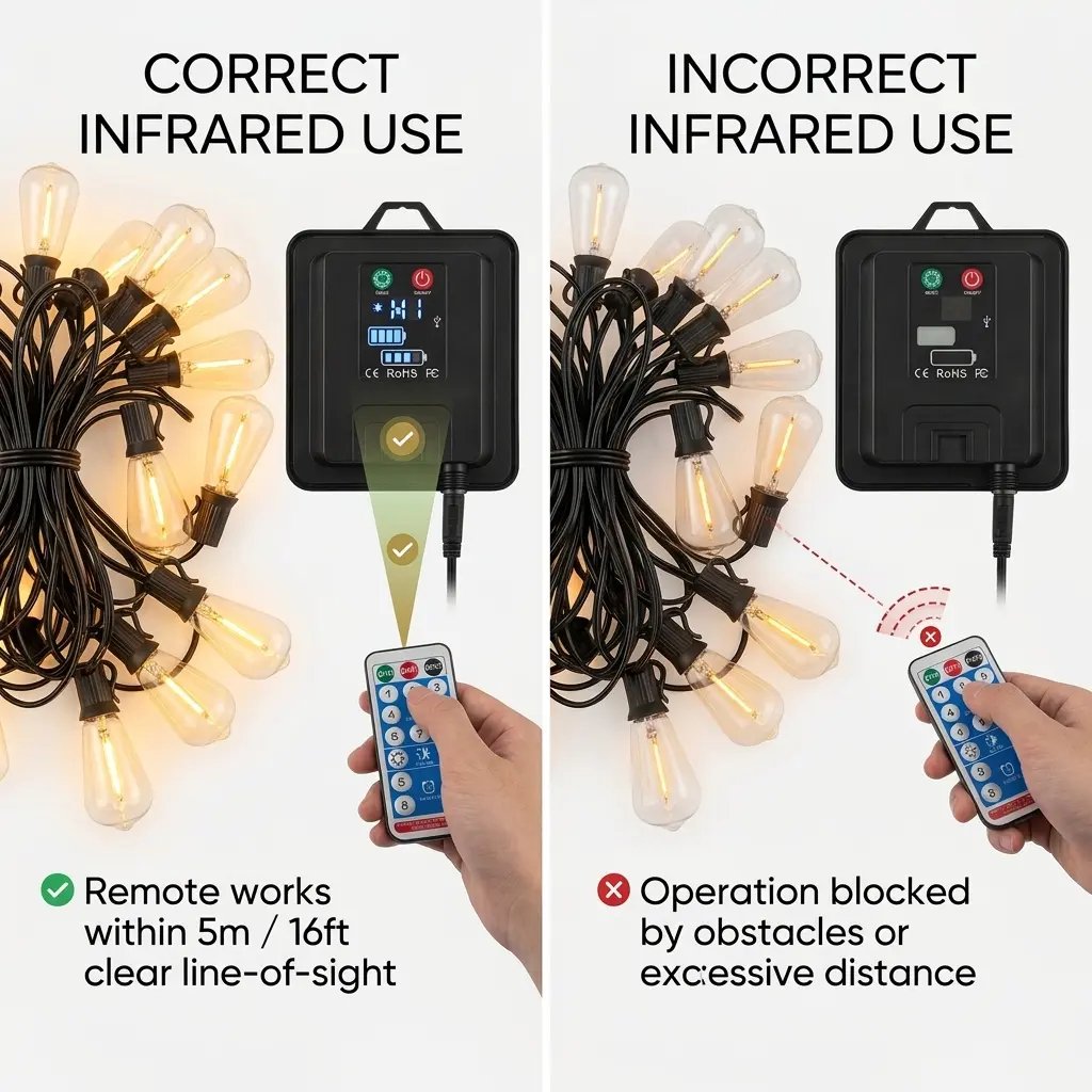 Correct infrared remote control use for solar outdoor string lights Correct infrared remote control use for solar outdoor string lights