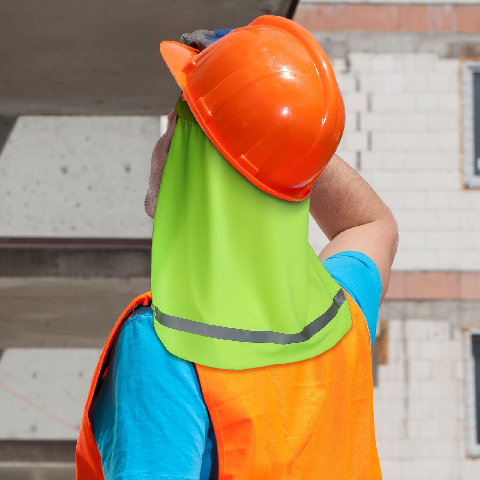 Construction Worker Wearing Lime Green Sun Shade Cap with Orange Safety Vest Construction Worker Wearing Lime Green Sun Shade Cap with Orange Safety Vest