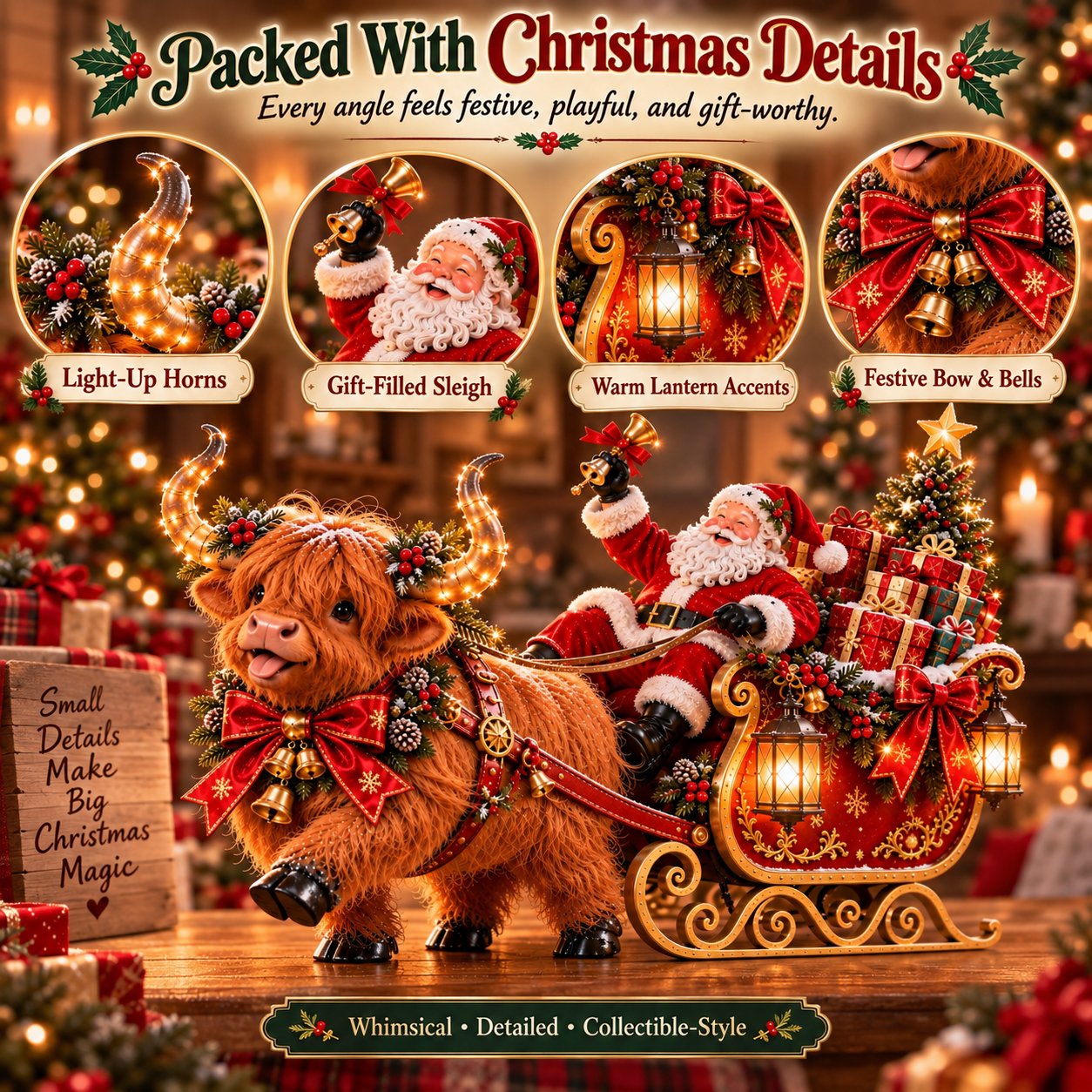 Santa Highland Cow Christmas Sleigh product overview