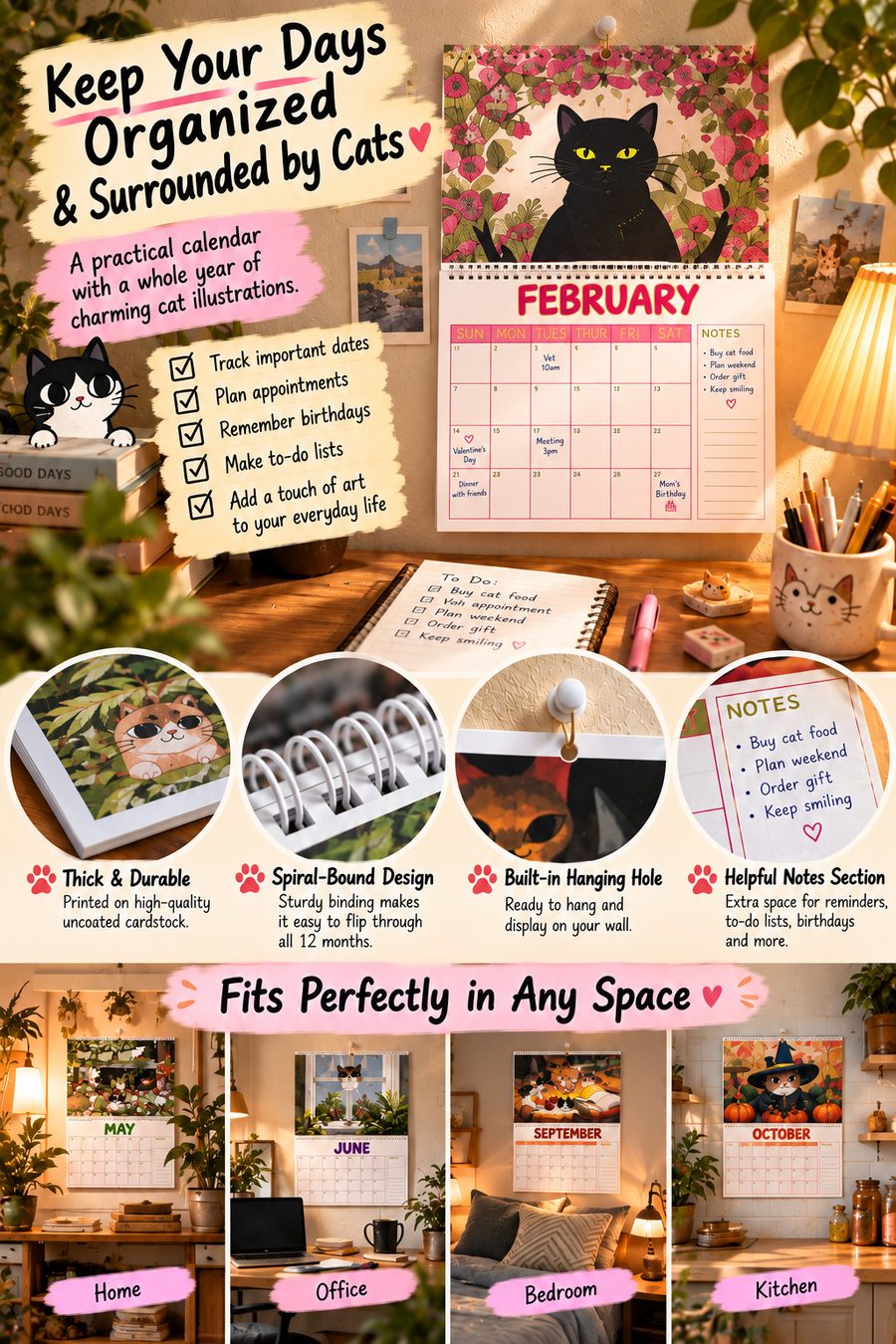 February cat calendar shown as a practical organizer with cat artwork
