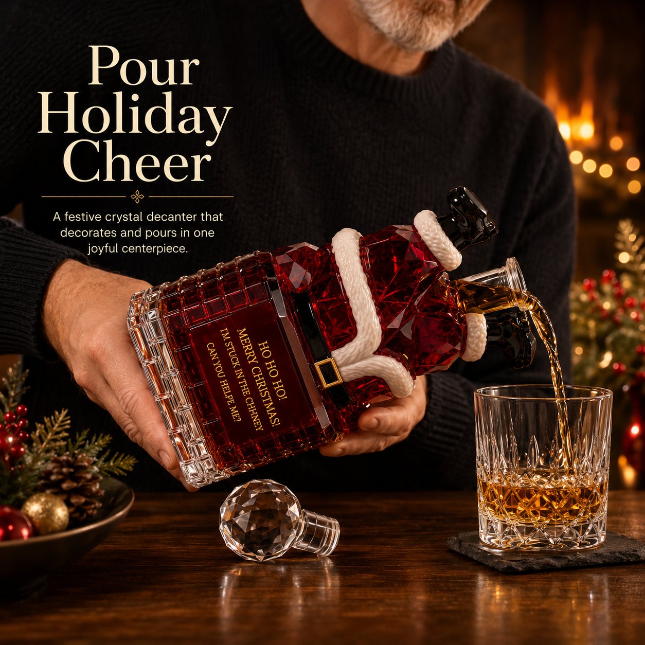 Santa stuck in the chimney festive crystal decanter displayed for Christmas