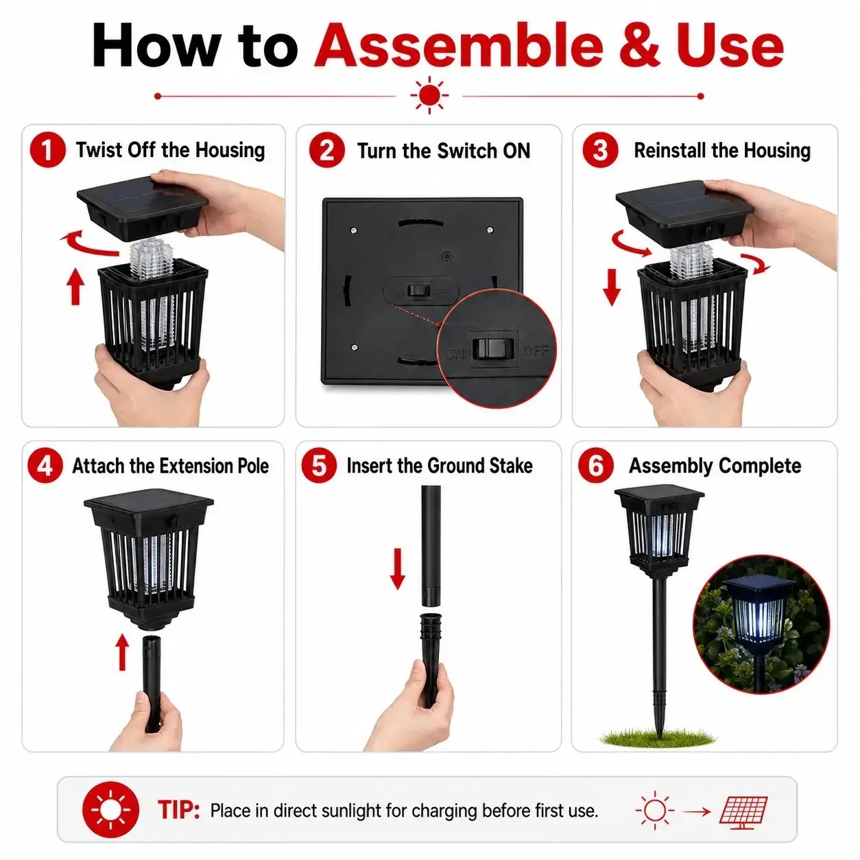 Step by step technical assembly diagram demonstrating how to attach the pole and activate the switch