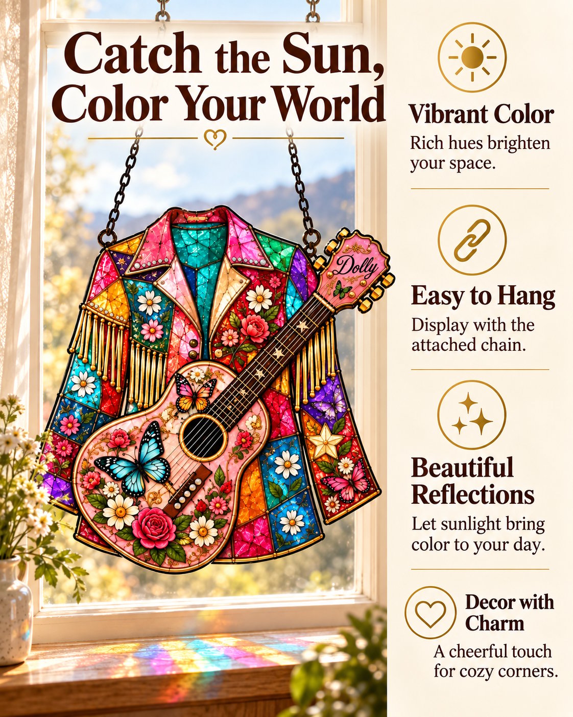 Stained glass suncatcher benefit graphic showing vibrant color easy hanging and beautiful reflections