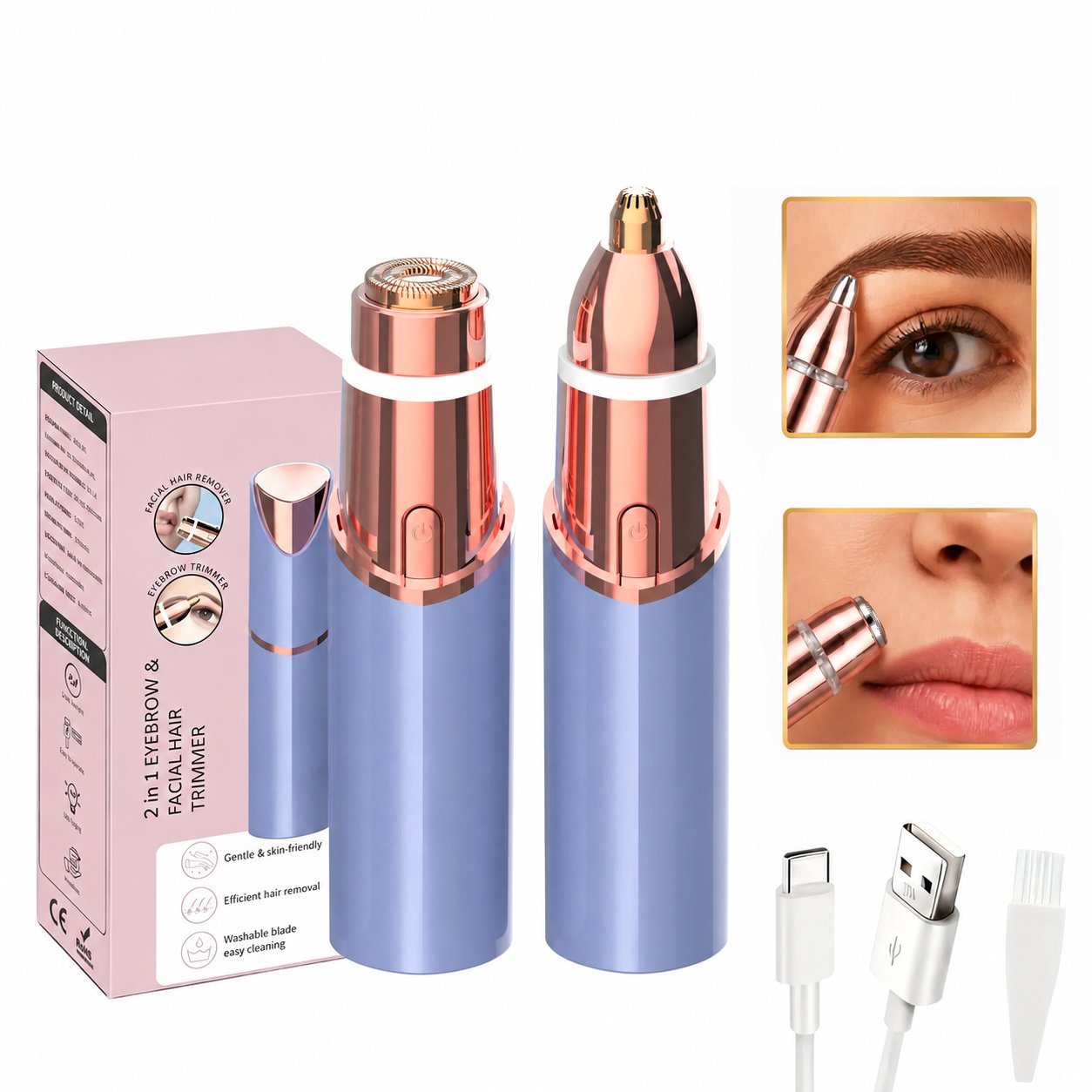 Soft blue 2-in-1 rechargeable eyebrow and facial hair trimmer set with accessories