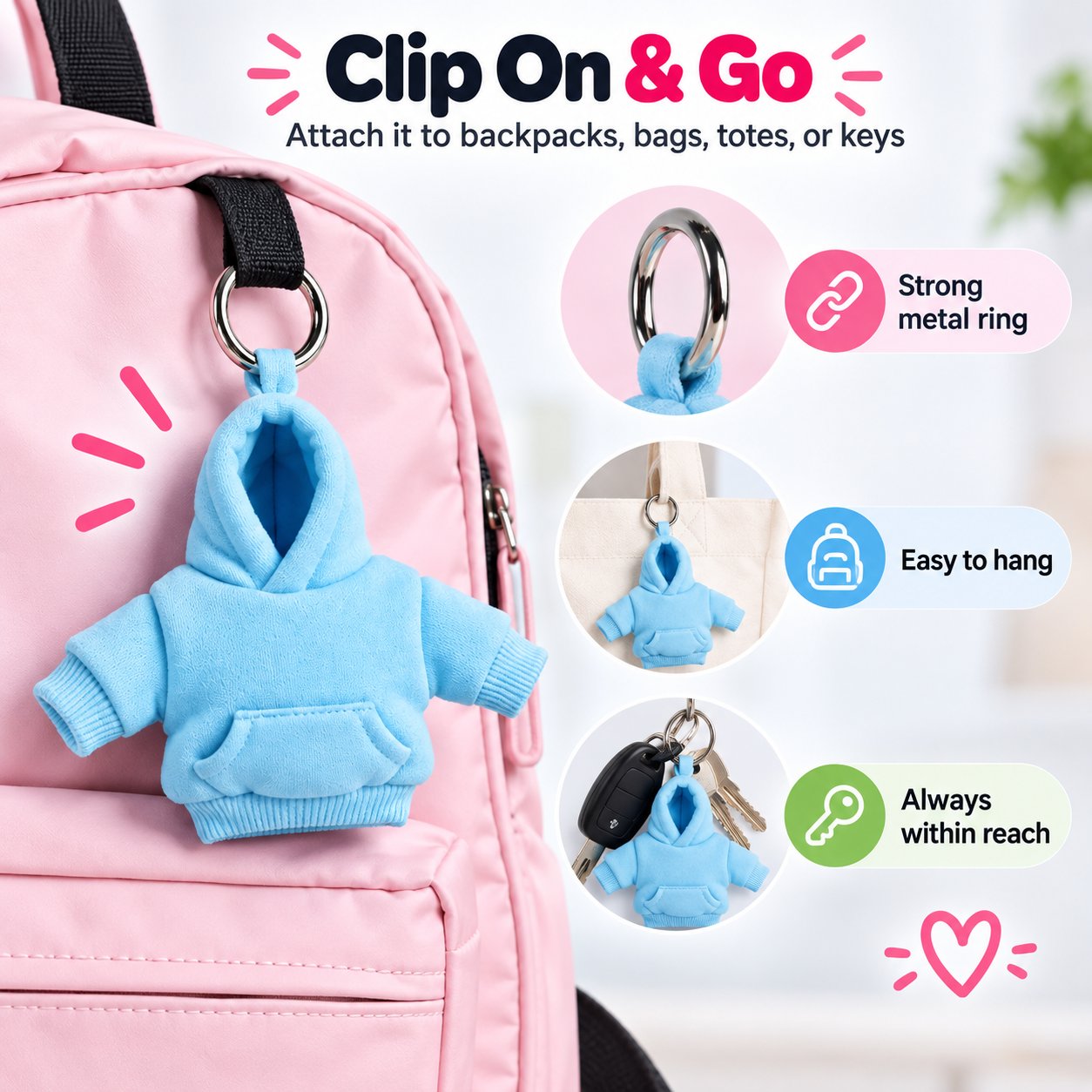 Blue mini hoodie bag charm attached to a pink backpack, with metal ring, tote bag, and keyring details