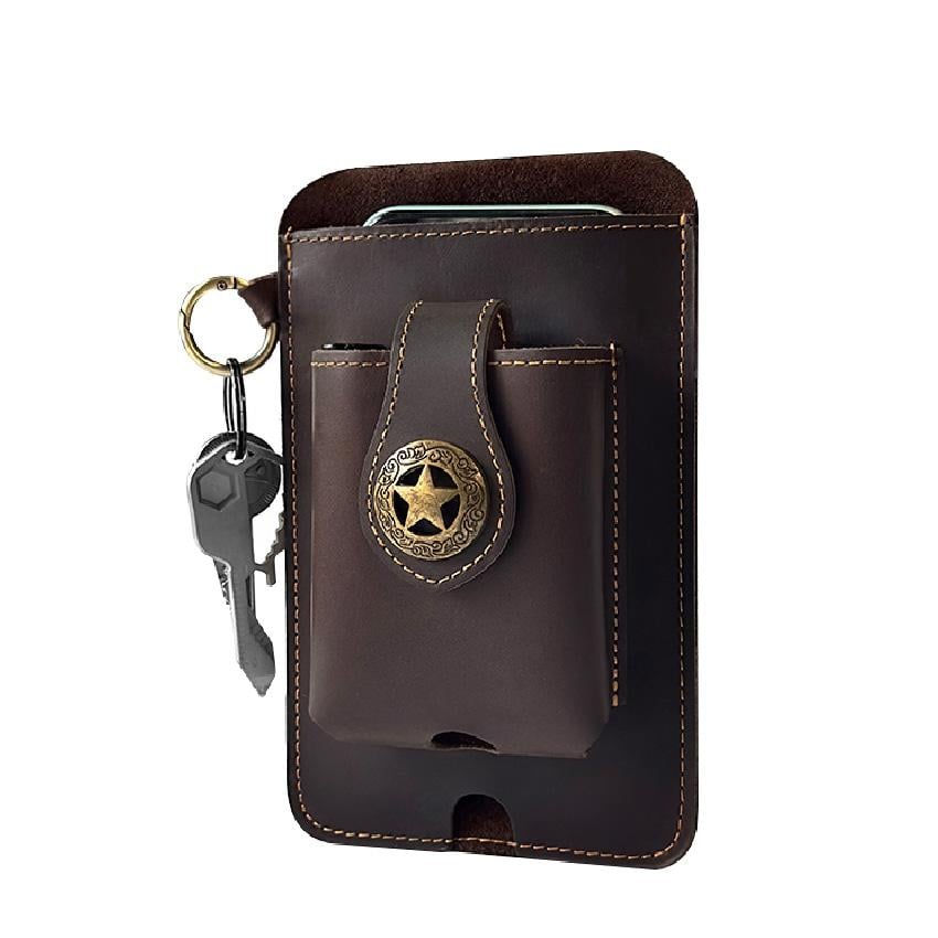 Vintage Cowhide Belt Waist Bag for Men - Multifunctional Phone & Card Holder with Keychain Genuine leather Belt Bag hiking waist bag Leather phone case with belt loops cell phone holster Keychain Holder bag  for Outdoor Hiking Travel bag hip