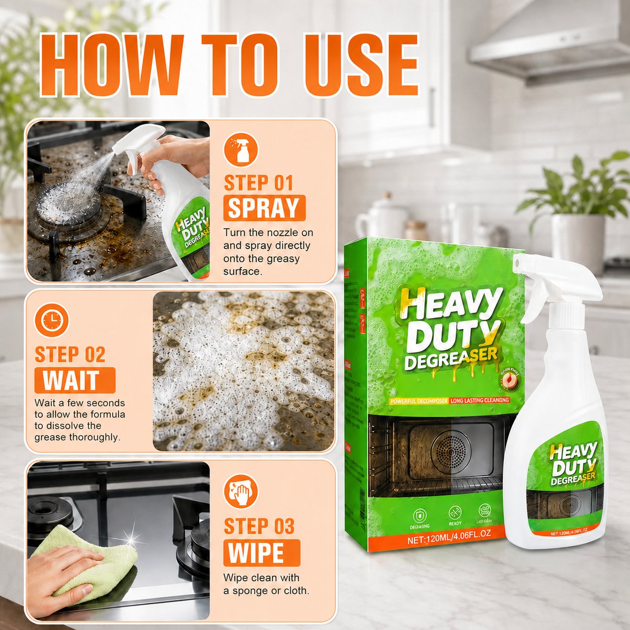 Instructions showing spray wait and wipe steps for kitchen degreaser