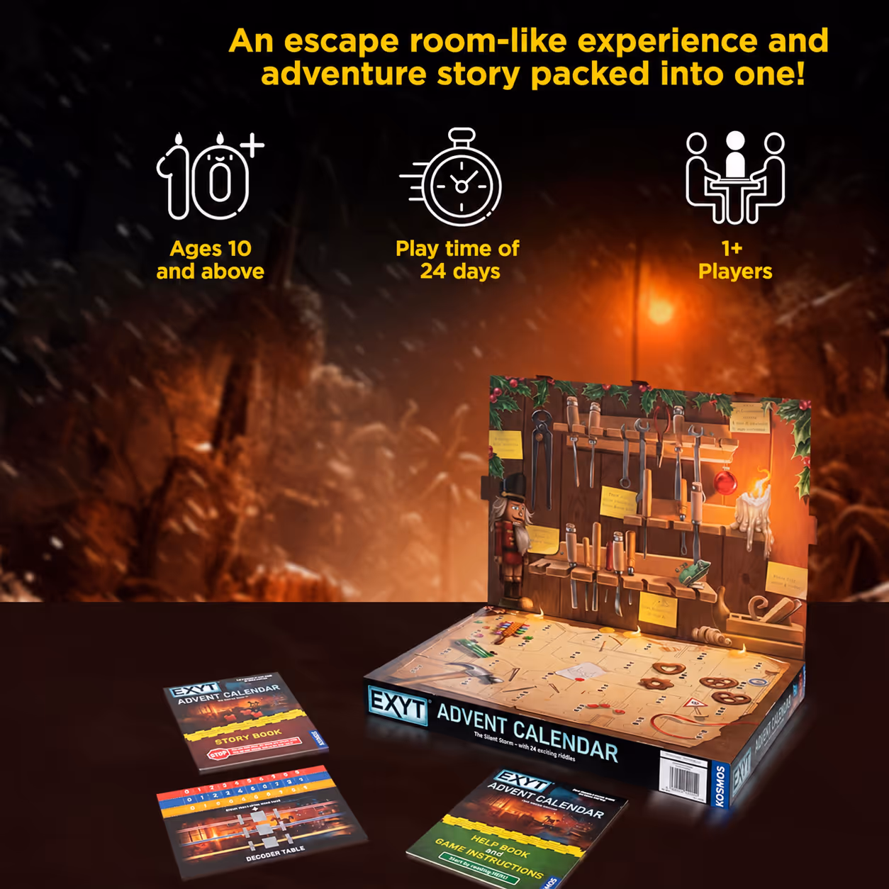 Advent calendar puzzle components, riddle cards and decoder
