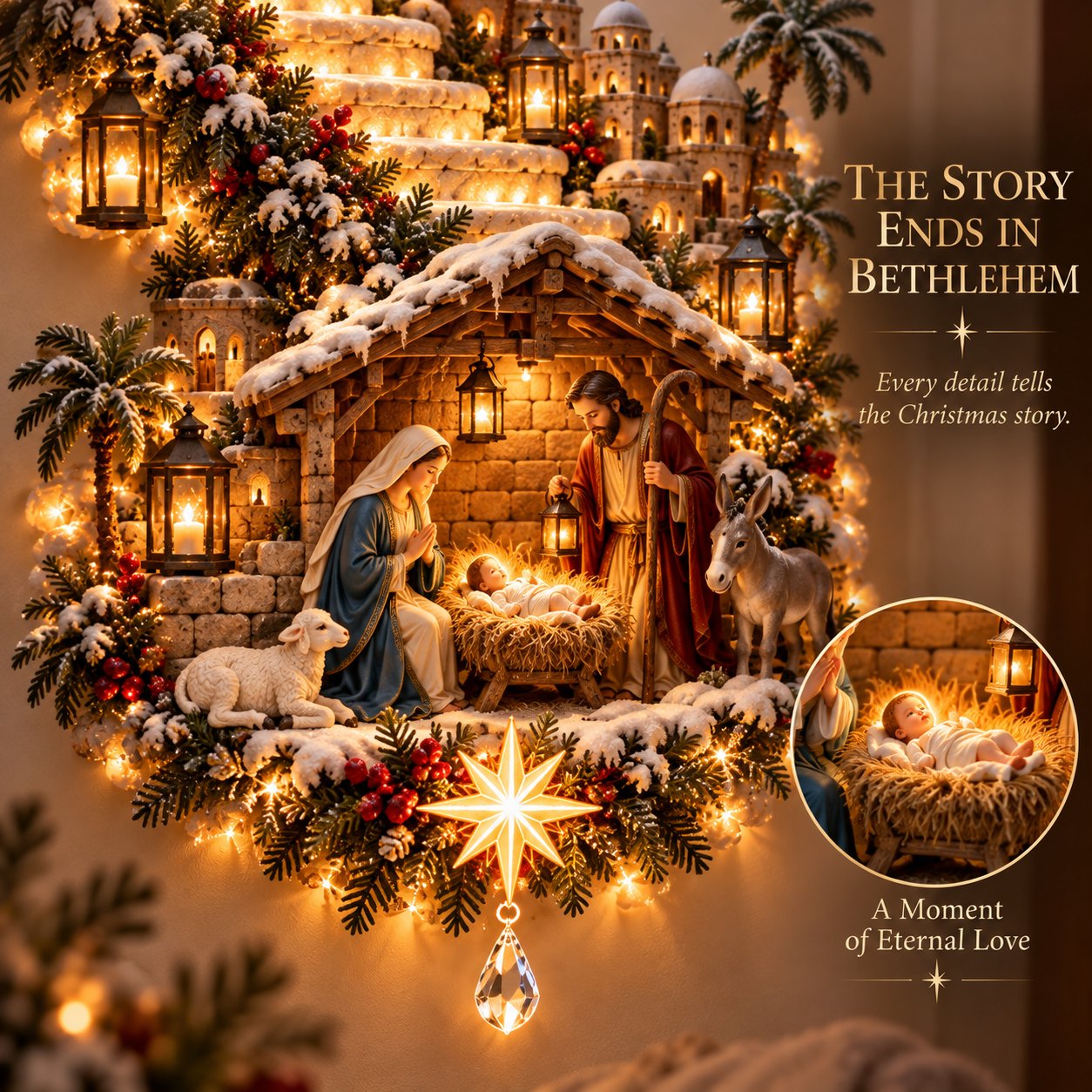 Nativity scene detail with Mary Joseph and baby Jesus