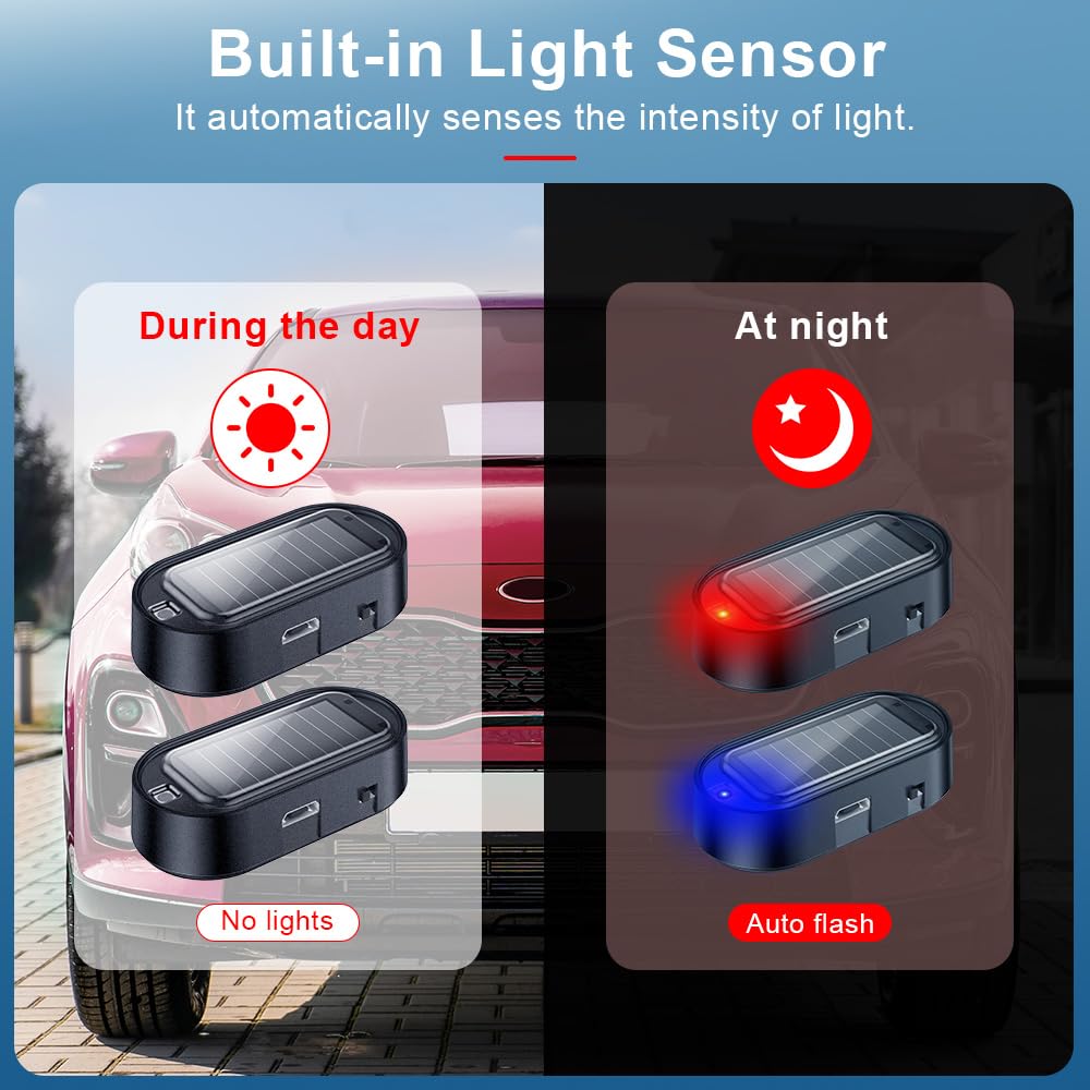 Built-in light sensor automatically activates the red and blue warning lights at night