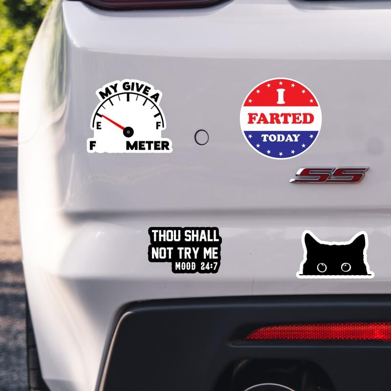 Car bumper and trunk tailgate personalized with funny weather-proof bumper stickers